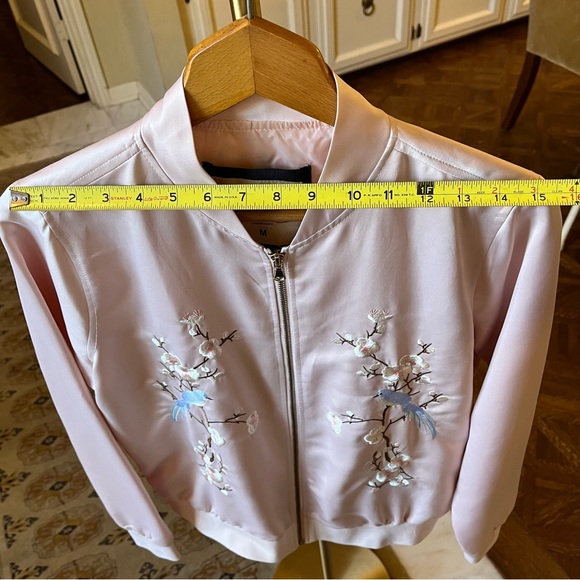 Pale Pink Embroidered Bomber Jacket Birds Flowers - Picture 7 of 8